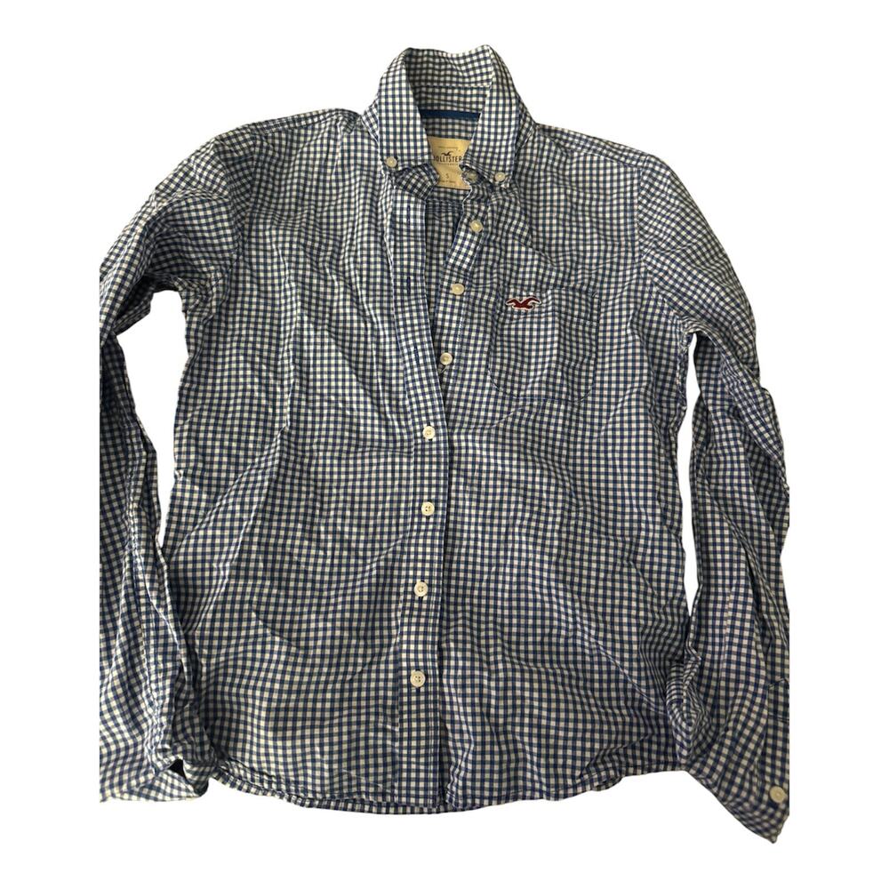 Hollister Men’s Small Blue White Gingham Check Long Sleeve Button Down Shirt